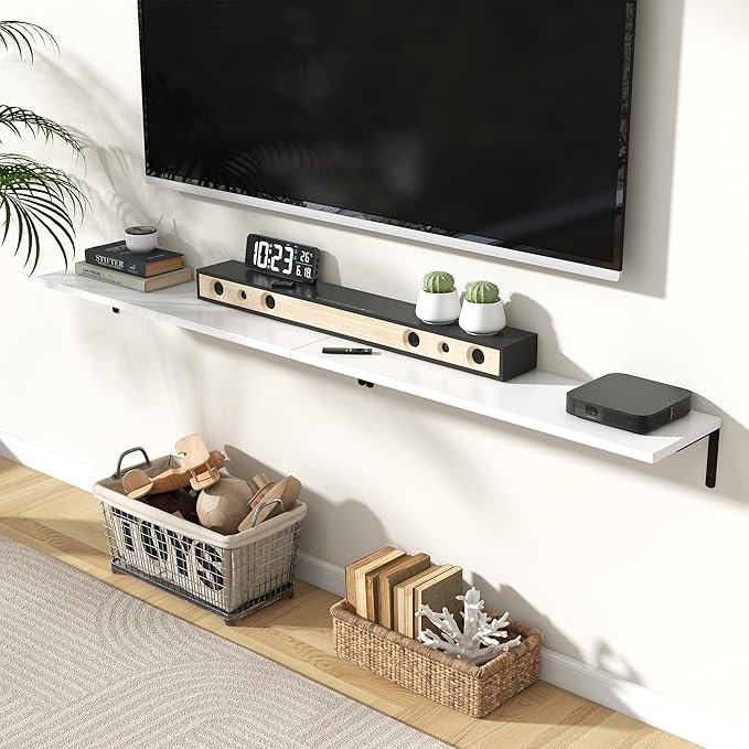 Fun Memories Deep Floating Shelves, 36W x 8D Floating Shelves Set of 2, Wall Mounted Shelf with Metal Brackets, Rustic Wood Wall Shelf for Bathroom, Kitchen and Living Room, White-NeatNest