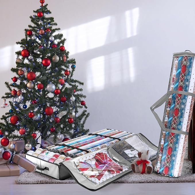 Hearth & Harbor Wrapping Paper Storage Container and Clear Wrap Paper Holder - Christmas Storage Bag with Interior Pockets - Fits Up to 36 Rolls of 40" - Tear Proof, Silver-NeatNest