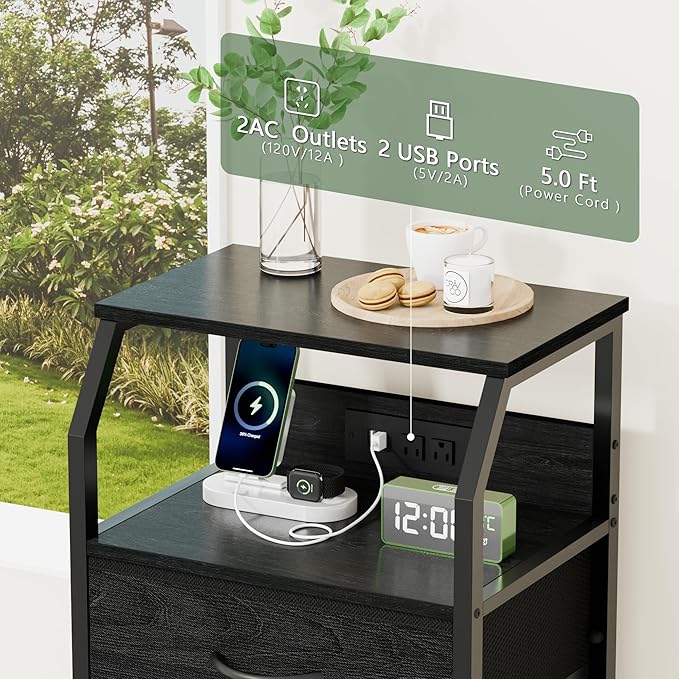Furnulem Night Stand with Charging Station, 28.3 Inch Tall Side Table with Fabric Drawers and Storage Shelf, Bedside Table with USB Ports & Outlets, Nightstand for Bedroom, 3 Ways to Use, Black Oak