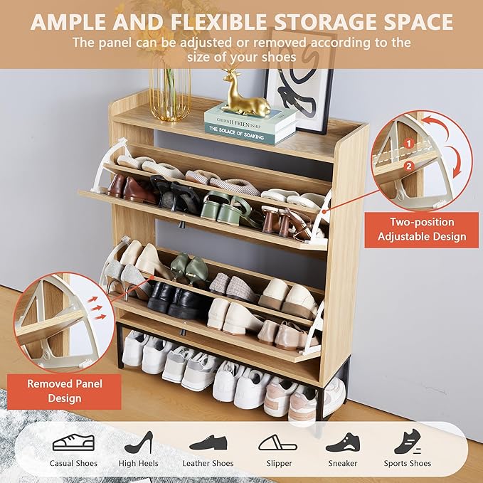 LEVNARY Shoe Cabinet Set of 2, Wooden Narrow Shoe Racks Cabinet Storage with 2 Flip Drawers, Hidden Freestanding Shoe Organizer for Hallway, Entryway, Home (2, Natural Oak)-NeatNest