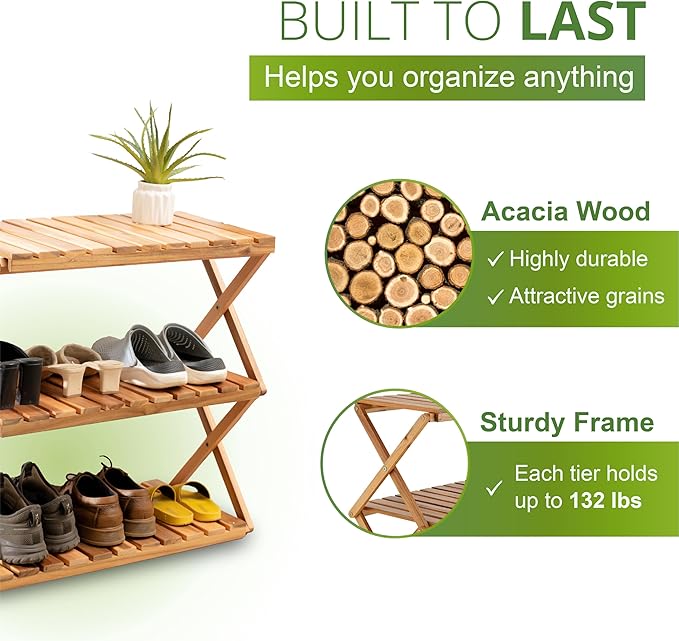 BEEFURNI Multipurpose Display Shelf Folding, 3 Tier Shelf, Acacia Wood Rack, Plant Stand Indoor, Wooden Shoe Rack, Vanity Bathroom Stand, Easy to Assemble, 1 Year Warranty