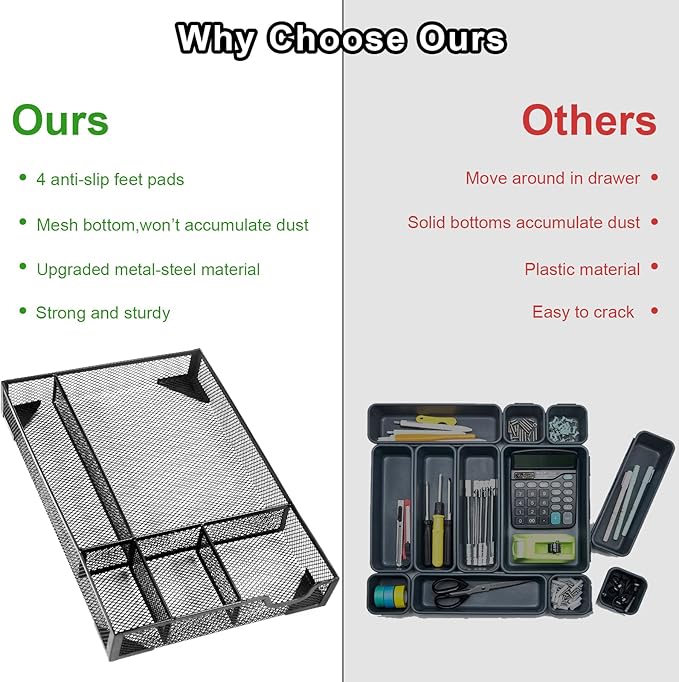 Desk Drawer Organizer Tray, 5 Compartments Metal Mesh Drawer Organizer Tray, Pen Pencil Desk Organizers and Accessories for Office Supplies, School & Makeup, 12.3 x 8.4 x1.7inch, Black-NeatNest