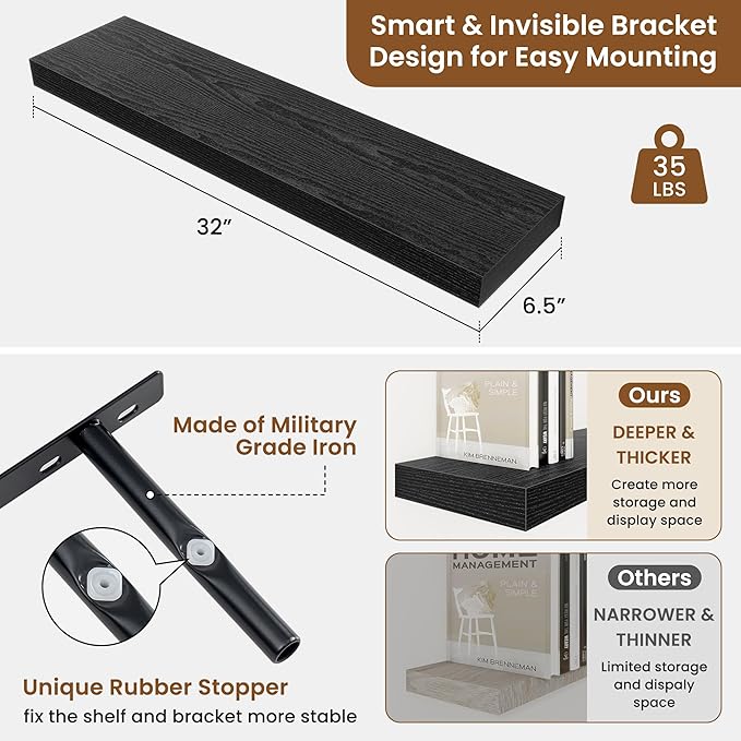 fuqing Floating Shelves for Wall, Bathroom Shelf Wall Mounted for Storage, Shelves with Invisible Bracket for Bedroom, Kitchen, Living Room, Farmhouse Small Book Shelf, 32 Inch Set of 2, Black-NeatNest