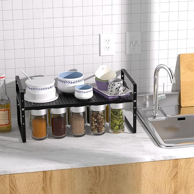 Expandable Kitchen Cabinet Shelf Organizer, Stackable Metal Pantry Storage Shelves, Adjustable Counter Shelf Organizer Rack for Kitchen Cabinets, Cupboard, Countertop, Closet, Black-NeatNest