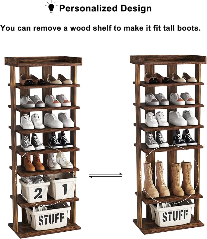 HOMEFORT 7-Tier Wood Shoe Rack, Double Rows Shoe Shelf, Shoe Storage Stand, Entryway Shoe Tower, Vertical Shoe Organizer for Narrow Closet, Entryway, Hallway, Rustic Brown-NeatNest