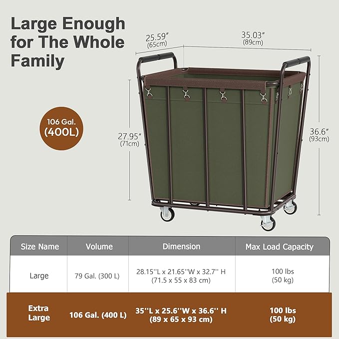 Hoctieon Large Laundry Cart with Wheels, 400L Heavy Duty Laundry Basket Organizer, Rolling Hamper Sorter for Clothes Storage, Industrial Dirty Clothes Hamper for Home & Hotel, Green+Brown-NeatNest