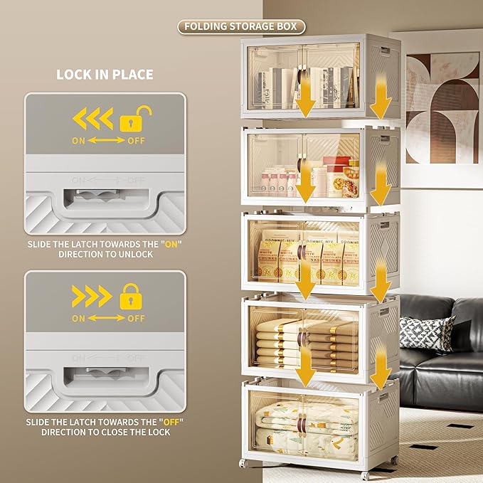 660 QT / 165 Gal Collapsible Storage Bins with Wheels & Magnetic Doors - Stackable Plastic Cabinet Organizer for Home, Garage, Closet (White Space-Saving Containers)-NeatNest