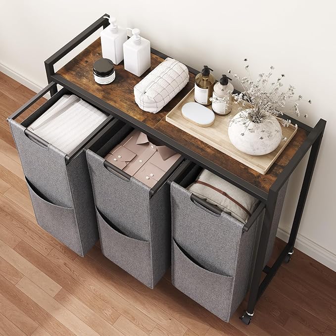 HOOBRO Laundry Sorter 3 Section, Laundry Hamper with Wheels, 3 × 11.5 Gal (43.4L), Rolling Laundry Basket, Pull-Out and Removable Oxford Fabric Laundry Bags, Rustic Brown and Grey BFG76XY01-NeatNest
