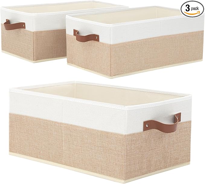 Closet Organizer Bins 3 Pack, Large Storage Bins for Shelves, Foldable Closet Storage Boxes Baskets with Leather Handles for Organizing Clothes, Sheets, Jeans, Toys, Books（Begie）-NeatNest