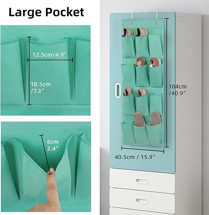 Over the Door Shoe Organizer, Hanging Shoe Rack Storage Holder with 12 Large Pockets for Closet Door, Men Women Kids Shoes, Cruise(Green-NeatNest