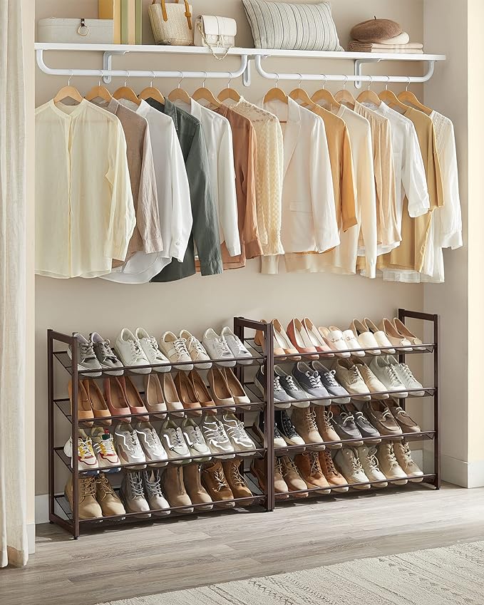 SONGMICS Shoe Rack, 8-Tier Shoe Organizer, Metal Rack for Garage, Set of 2, 4-Tier Stackable Shelf, with Adjustable Flat or Angled Shelves, 32-40 Pairs, Bronze ULMR08A-NeatNest
