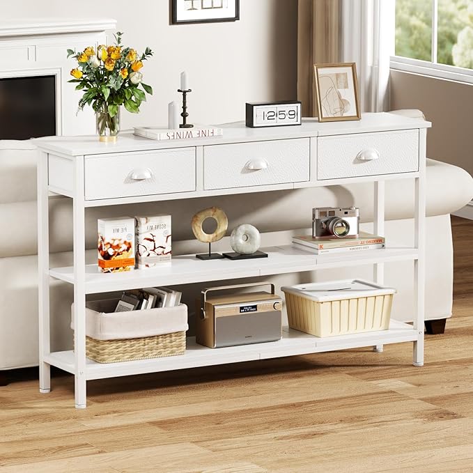 Furologee White Long 47" Console Sofa Table with 3 Drawers, Entryway Table with 3-Tier Storage Shelves, Display Shelf for Entry Way, Hallway, Couch, Living Room, Kitchen, Foyer-NeatNest