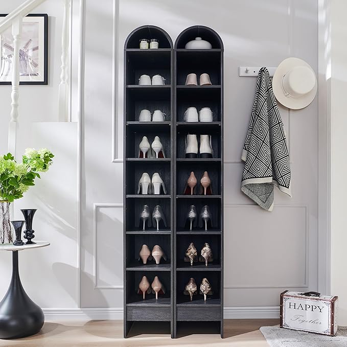 67" Tall Arched Shoe Storage Cabinet, 8-Tier Wooden Rack with 3 Adjustable Shelves, Freestanding Closet Shelf Organizer for Entryway, Hallway, Living Room (Dark Grey)-NeatNest
