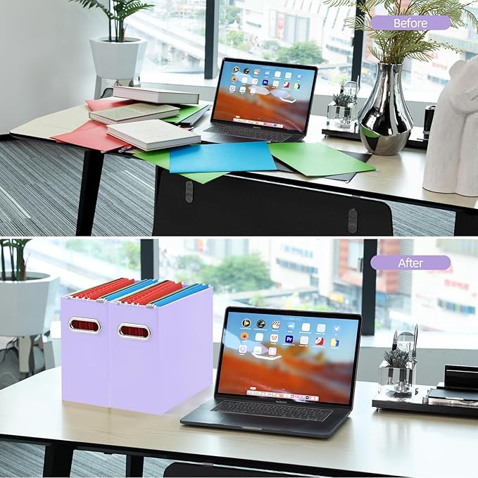 Oterri File Organizer, 6 Packs Small Storage Box, Cardboard File Folder Organizer, Collapsible File Box for Hanging File Folders Letter Size, Portable Filing Organizer with Handle (Purple)