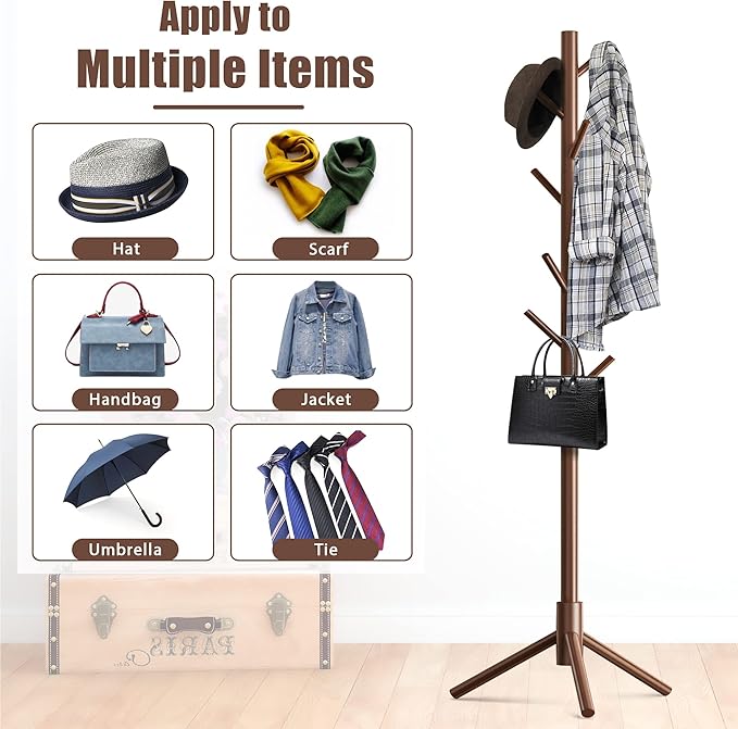 Haddockway Wooden Coat Rack Stand with 8 Hooks New Zealand Pine 3 Adjustable Coat Standing Tree Easy Assembly for Coats, Hats, Scarves and Handbags for Entryway, Hallway, Bedroom, Office,2 PCS-NeatNest