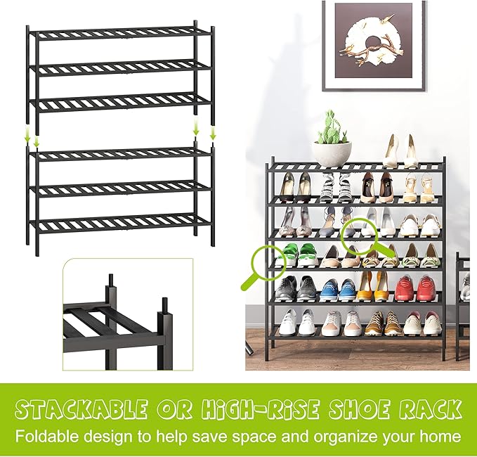BMOSU 6-Tier Bamboo Extended Shoe Rack Premium Stackable Shoe Shelf Storage Organizer for Hallway Closet Living Room Entryway Organizer (Black Bamboo)-NeatNest
