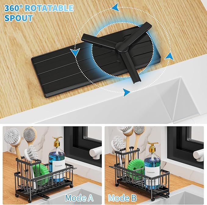 Cisily Sponge Holder for Kitchen Sink with Towel Rack, Sink Caddy with Kitchen High Brush Holder, Organzier Rustproof 304 Stainless Steel Dish Organizer Divider, Soap Dispenser Storage-NeatNest