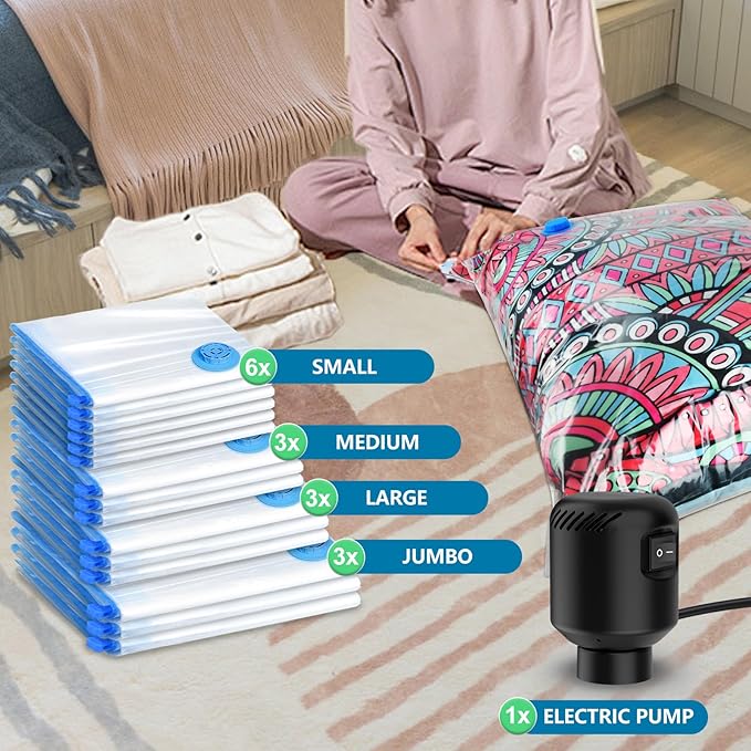 15 Pack Vacuum Seal Bag for Clothing with Electric Air Pump,Space Saver Vacuum Storage Bags for Clothes,Mattress, Blanket, Duvets, Pillows(3 Jumbo/3 Large/3 Medium/6 Small Bags)-NeatNest