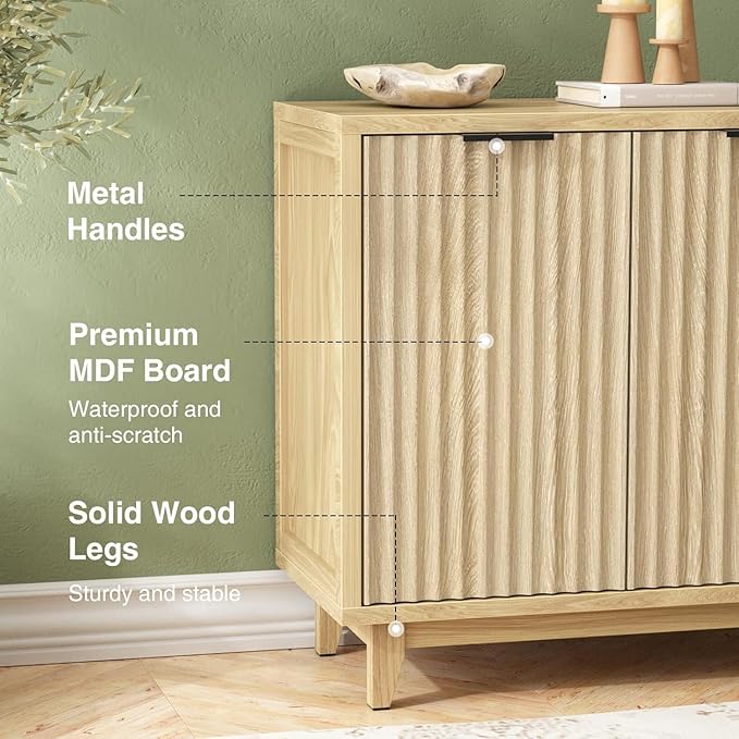 Fluted Cabinet with Storage, 2 Doors Sideboard Buffet, Mid Century Modern Accent Cabinet with Adjustable Shelves, Multifunctional Console Table with Storage for Living Room, Kitchen, Entryway