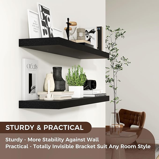 Floating Shelves for Wall, 36"W x 7.8"D x 1.5"H, 2 Pack of Long Wall Mounted Engineered Wood Shelves with Invisible Brackets for Living Room, Bedroom, Bathroom, Kitchen Decor and Storage, Black-NeatNest