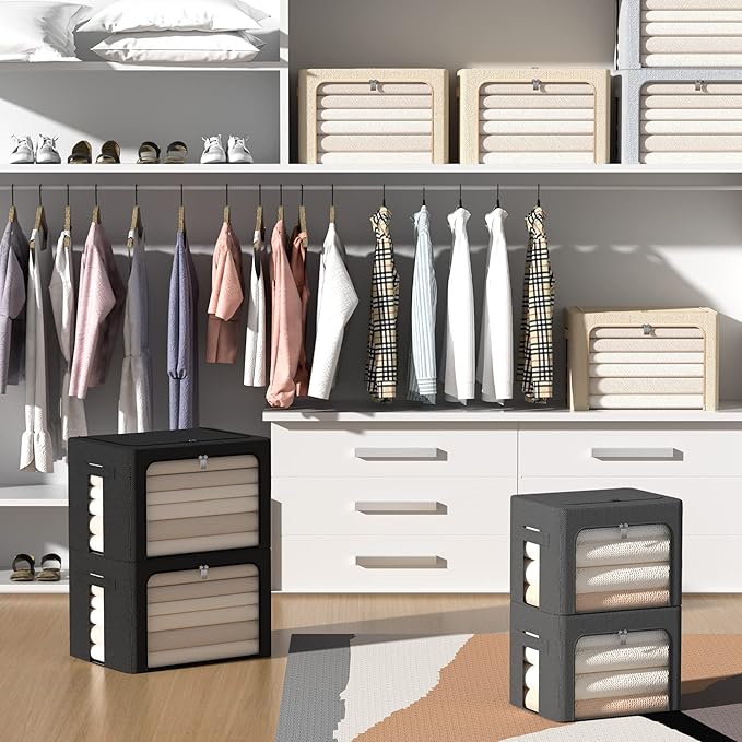 Extra Large Clothes Storage Bins Foldable Metal Frame Storage Box Stackable Linen Fabric Box Organizer Set with Carrying Handles and Clear Window (Beige, 23.6x 16.5x 15.7 Inch)-NeatNest