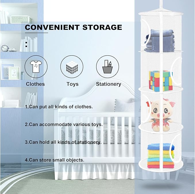 coastal rose 2Pcs Stuffed Animal Storage Foldable Stuffed Animal Net or Hammock Organizer, 4 Compartments Hanging Mesh Toy Storage Hammock for Kid Room Toys, Gloves, Hats, Socks(White)-NeatNest