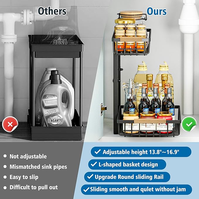 Under Sink Organizers, 2 Tier Pull Out Under Cabinet Organizer，Height Adjustable Pull Out Cabinet Drawers, Metal Sliding Drawer for Kitchen Bathroom Pantry Cabinet Closet Organization Rack，2 Packs-NeatNest