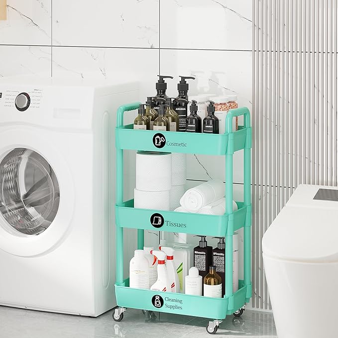 Laiensia 3-Tier Rolling Cart with Wheels,Multifunction Utility Storage carts, Kitchen Storage Organizer,Mobile Shelving Unit for Bathroom,Laundry,with Classified Stickers,Green-NeatNest
