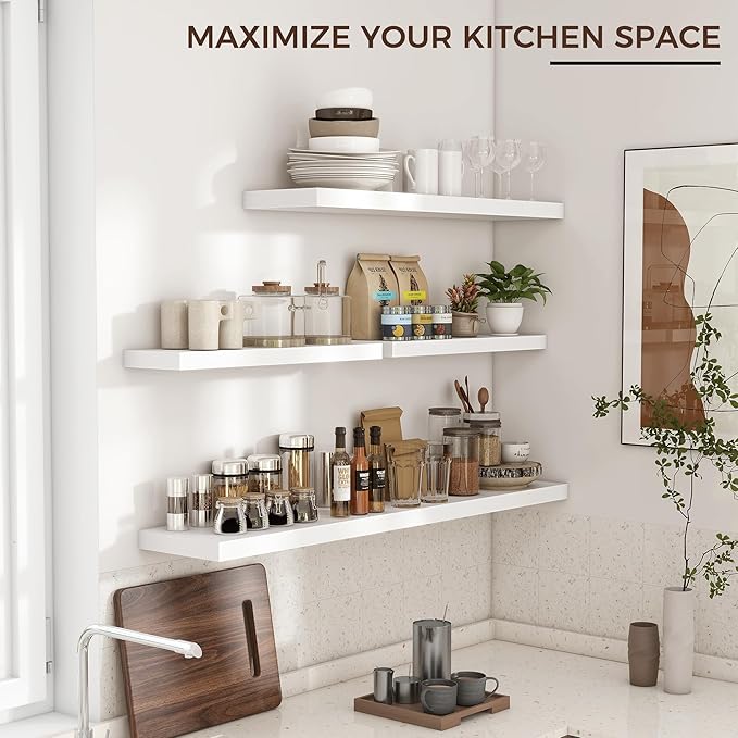 Floating Shelves for Wall, 48"W x 9"D x 1.5"H, 1 Pack of Long Wall Mounted Engineered Wood Shelves with Invisible Brackets for Living Room, Bedroom, Bathroom, Kitchen Decor and Storage, White-NeatNest