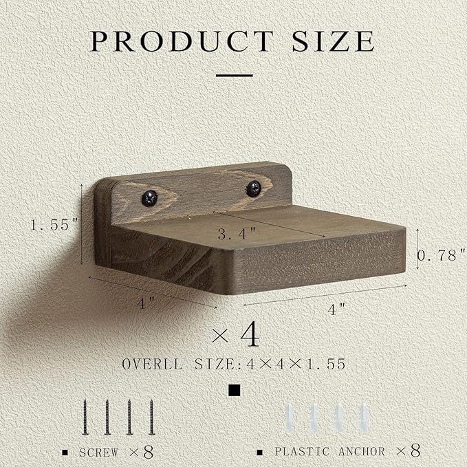Freezing point Small Floating Shelf for Wall Set of 4 Natural Wood 4Inch Mini Wall Shelves Decor Plant Display Collectibles Mounted Kitchen Bathroom Bedroom Corner Decorative Storage Tiny Stand Coffee