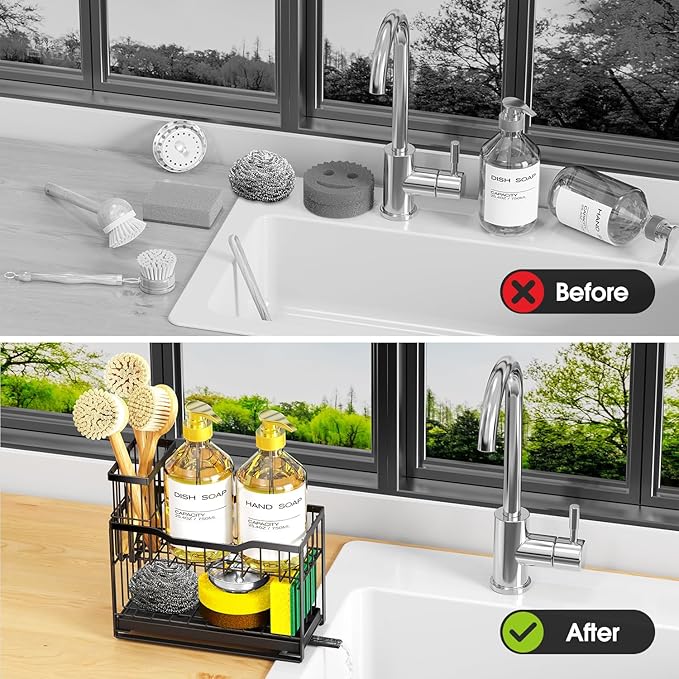2-Tier Kitchen Sink Caddy with High Brush Holder&Self-Draining Tray,Rustproof&Non-Slip Sink Sponge Holder,Kitchen Countertop Storage Organizer,Soap Dispenser Storage - Black-NeatNest