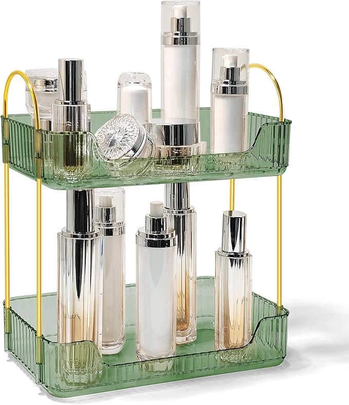 Bathroom Counter Organizer Countertop Storage Skincare Countertop Makeup Organizer Cosmetics Skincare Organizers Holder for Perfume-Green-golden pole-NeatNest