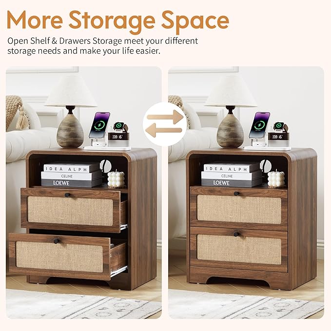 20" Wood Nightstand wiht 2 Drawer & Charging Station, Mid-Century Farmhouse Bedside End Table with Linen Decor, 2AC+USB+Type-C Port, Side Table with Storage for Livng Room (Walnut-charging)