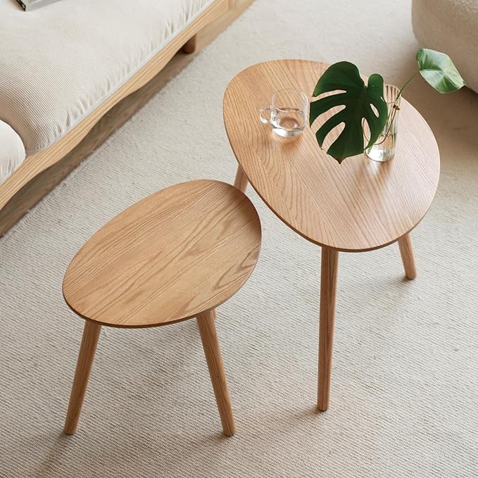 Small Oval Nesting Table, Mid Century Coffee Table for Living Room,Solid Oak Wood End Tables,Triangle Tabletop with 3 Legs,Minimalist Display Living Tables (Original Wood Color, 3 Pieces)