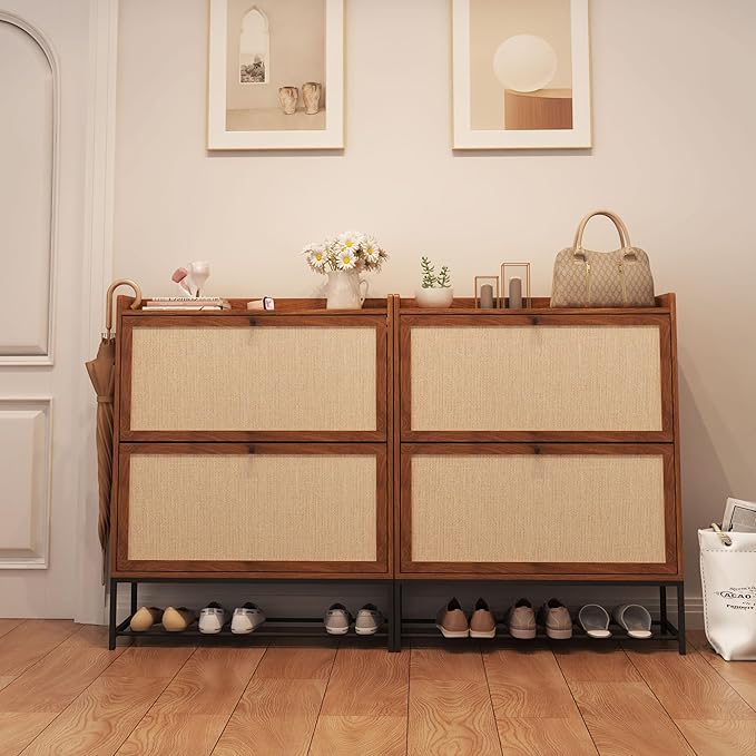 AVZEAR Narrow Shoe Storage Cabinet for Entryway with 2 Flip Drawers, Freestanding Shoe Cabinet with Natural Linen Panel, Slim Wood Shoe Organizer Closed Shoe Rack for Hallway, Foyer(Walnut)-NeatNest