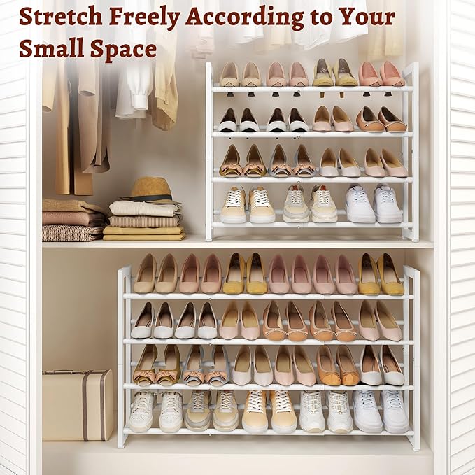 FAVOOSTY 4-Tier Expandable Shoe Rack, Adjustable Shoe Shelf Storage Organizer Space Saving Metal Free Standing Shoe Rack for Entryway Closet Doorway, White-NeatNest