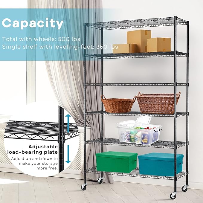 6-Tier Storage Shelf, Wire Shelving on Casters, NSF Height Adjustable Heavy Duty Metal Rack with Wheels for Office Bathroom Kitchen Garage Organization 2100 LBS Capacity-48 L×18" W×82" H-Black-NeatNest