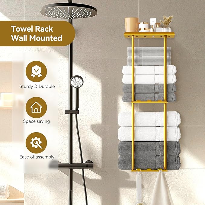 Towel Racks for Bathroom, 3 Tier Metal Towel Holder, with Shelf & 6 Hooks, 29 inch Wall Mounted Towel Storage, 6 Large Bath Towels Capacity,Small Bathroom Towel Rack for Rolled Towels, Gold