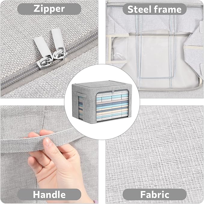 2 Pack Clothes Storage Bins Stackable Metal Frame Storage Box Large Capacity Foldable Linen Fabric Box Organizer with Carrying Handles and Clear Window (Light Gray, 19.7x 15.7x 12.6 Inch)-NeatNest