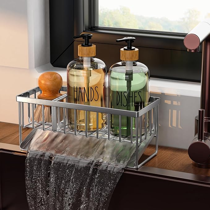 Cisily Kitchen Soap Dispenser Set with Pump, 16OZ Glass Bottle and Rustproof 304 Stainless Steel Sponge Holder, Hand and Dish Soap Dispenser Set for Kitchen Sink Organizer Decor-NeatNest