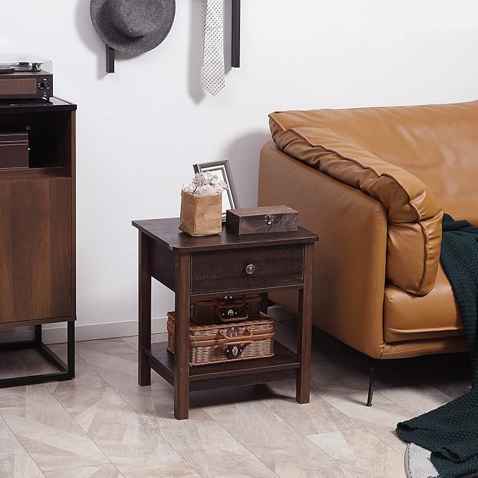 HOMCOM End Table with Drawer, Side Table with Top and Bottom Shelf for Small Spaces, Dark Brown
