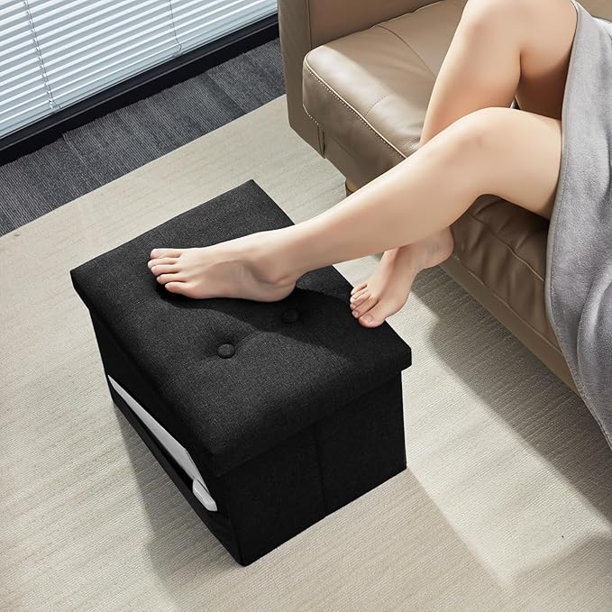 AmasSmile Black Ottoman with Storage,Foot & Leg Rest Stools Small Cute Stool Short Bench Folding Ottomans Square Footstools for Shoe Living Room Under Desk Outdoor RV Camper Each Space Storage