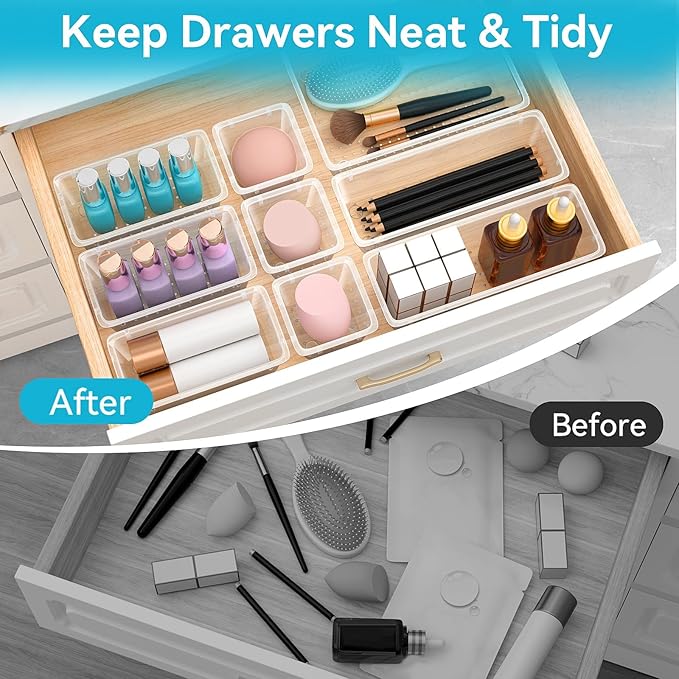 12 PCS Drawer Organizer Set, 4 Sizes Storage Drawer Units, Clear Plastic Makeup Vanity Organizer and Storage Bins for Makeup, Stationeries, Multiple Gadgets for Bathroom, Office, Bedroom-NeatNest