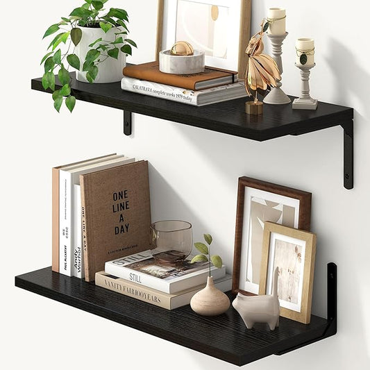 Fun Memories Deep Floating Shelves, 24W x 8D Floating Shelves Set of 2, Wall Mounted Shelf with Metal Brackets, Rustic Wood Wall Shelf for Bathroom, Kitchen and Living Room, Black-NeatNest