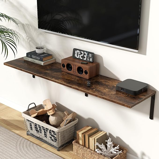 Floating Shelves for Wall, 12 Inch Deep Floating Shelves Set of 2, Wall Mounted Shelf with Metal Brackets, Rustic Wood Wall Shelf for Bathroom, Kitchen and Living Room, Rustic Brown, 55W x 12D-NeatNest