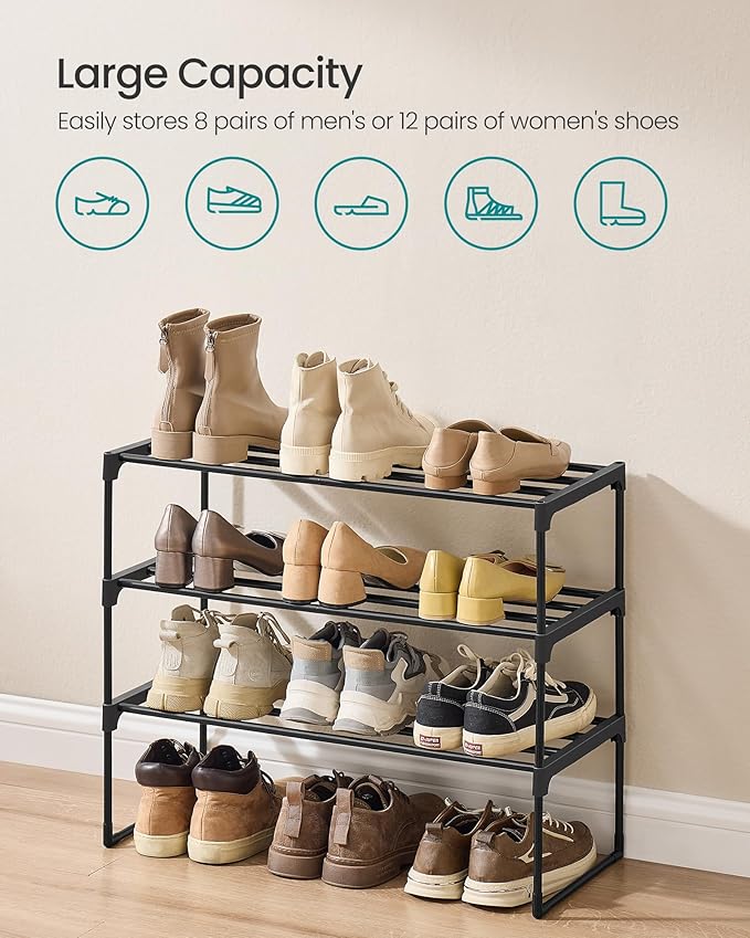 SONGMICS Shoe Rack, 3-Tier Shoe Organizer, Metal Storage Shelf, Upright or Upside Down, for 8-12 Pairs, Stackable, for Entryway, 11.8 x 26.8 x 21.7 Inches, Black ULSA203B01-NeatNest