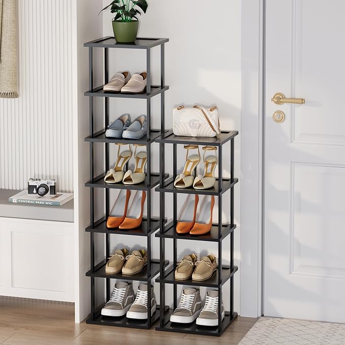 Vertical Tall Shoe Rack Organizer for Entryway -12 Tier Free Standing Slim Narrow Bamboo Wood Corner Stackable Shoe Boots Storage Stand Small Spaces for Closet Garage Cloakroom Living Room (Black)-NeatNest