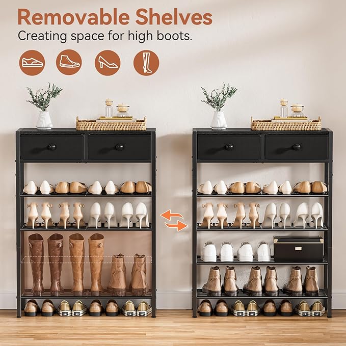 Shoe Rack for Entryway, 5 Tier Shoe Organizer with 2 Non-Woven Drawers, Metal Storage Shoe Shelf for 16-20 Pairs of Shoes, with Wooden Top and Steel Frame, Shoe Stand for Closet Charcoal-NeatNest