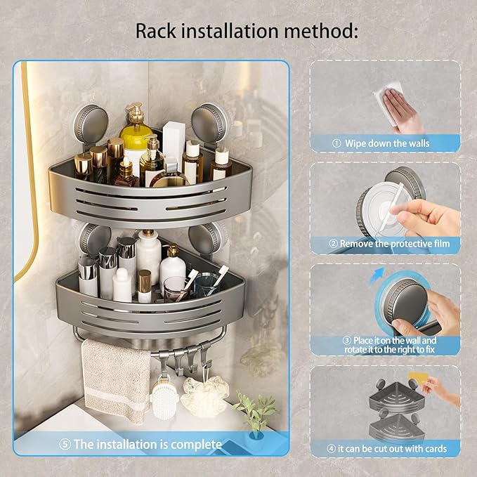 Suction Cup Shower Shelf,Shower Caddy Corner with Hooks and Towel Bar,Wall Hanging Corner Shower Caddy Suction Cup,No Drilling Rust Proof Aluminum Shower Shelf for Toilet & Kitchen(2-Pack,Gray)