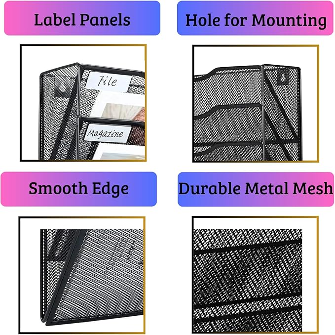 3 Pocket Wall File Holder Organizer, Mesh Hanging Wall Mounted Document Paper Folder Filing Magazine Rack with Nametag Label for Office Home School, 3 Tier Black